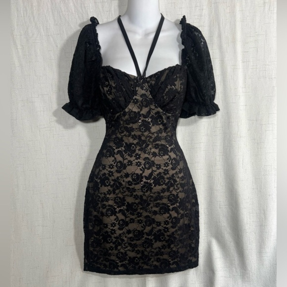 Strappy Black Satin Cut Out V-Neck Short Dress Long Lantern Sleeves Tie Neck